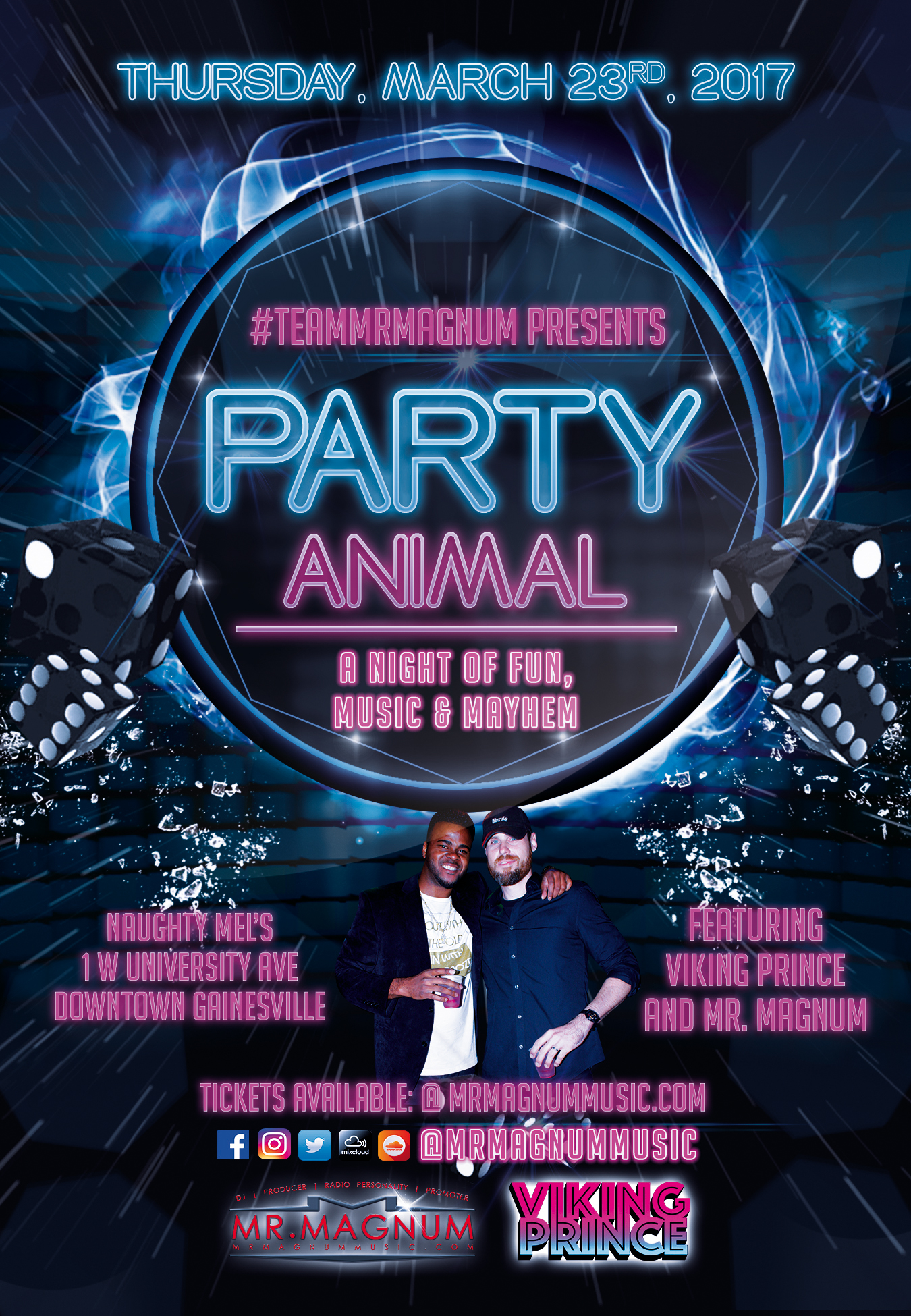Flyer for the event, Party Animal, @ Sweet Mel's in Gainesville, Thursday, March 23rd, featuring Gainesville's #1 DJ, Mr. Magnum, and Viking Prince