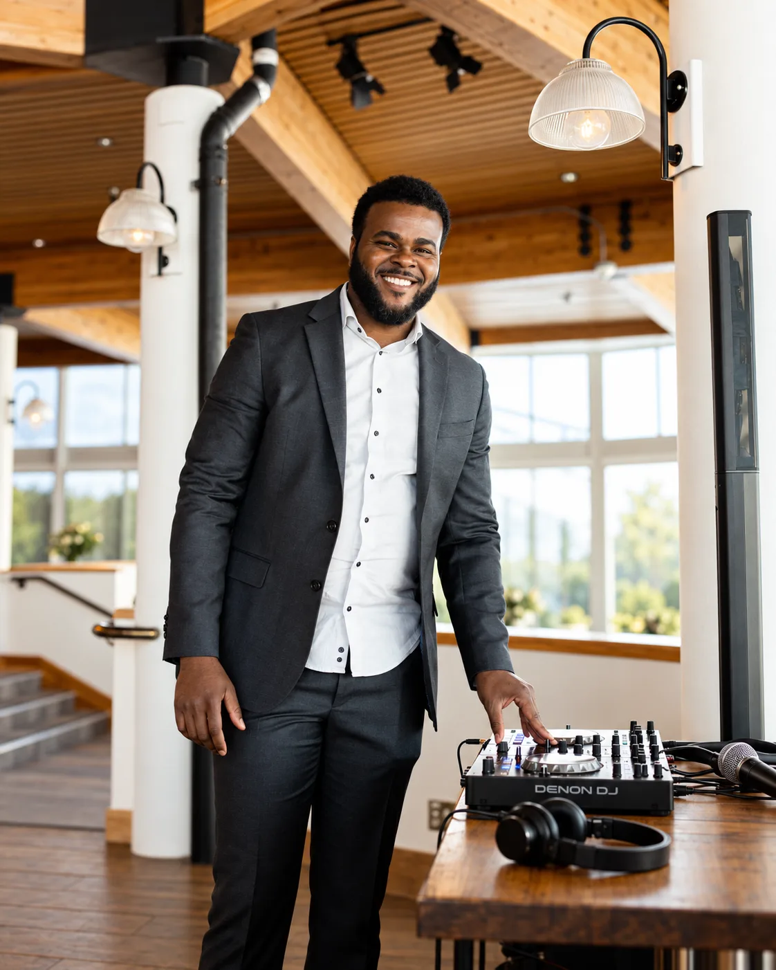 Mr. Magnum smiling beside his DJ equipment at an event venue