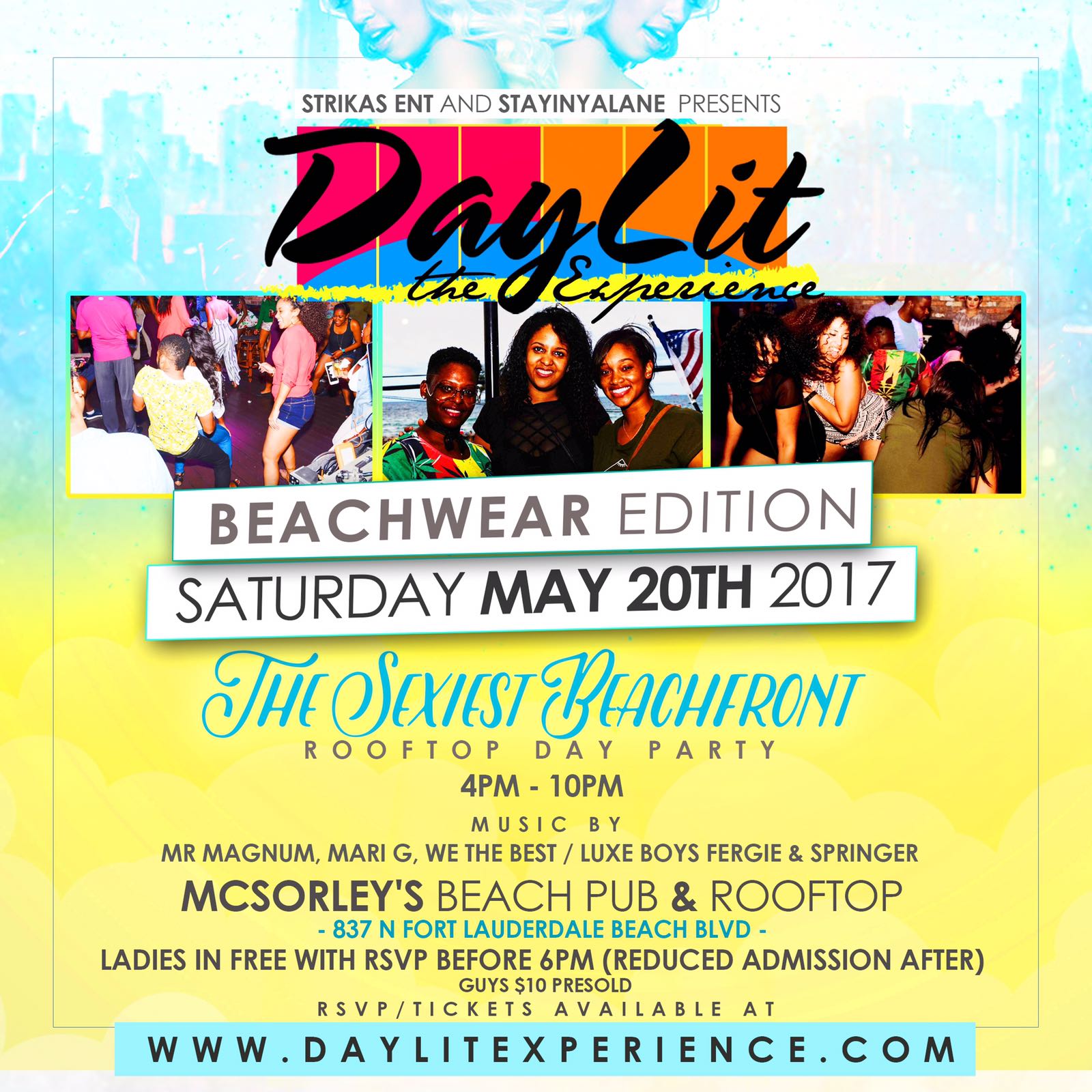 DayLit Beachwear Edition featuring Mr. Magnum, DJing in Ft. Lauderdale at McSorley's Beach Pub. Rooftop day party.